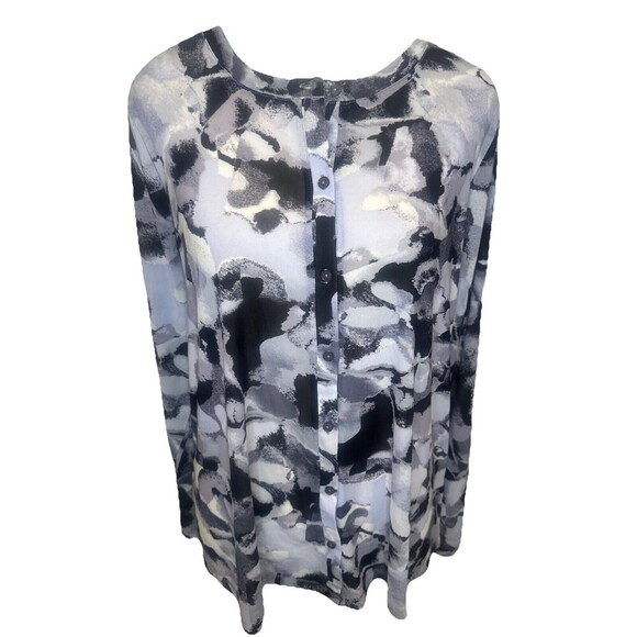 LOGO Layers Lori Goldstein Womens BLACK GRAY Watercolor Print Mesh Cardigan Sz L - Picture 2 of 11